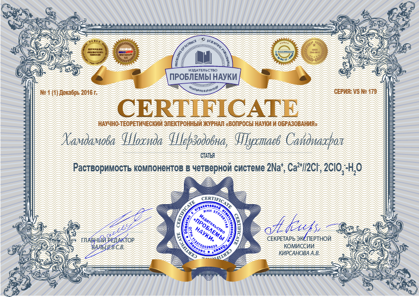 Сертификат о публикации Вопросы науки и образования