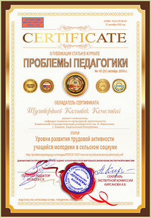 Сертификат о публикации Проблемы педагогики
